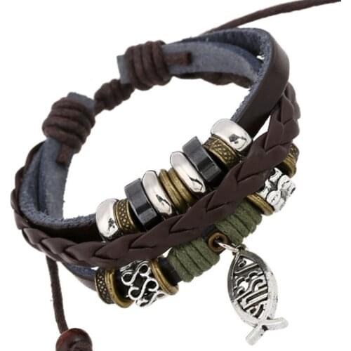 Fashion Jesus Fish Multilayer Bracelet Wrap Vintage Braided Leather Charms Beads Bangle Casual Wristbands Women Men Jewelry Gift