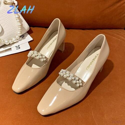 Women Thick Heels Pearl Strap High Heels Zlah Pointed Toe Moccasin One Pedal Casual Classic Shoes Women Office Shoes Women Shoes