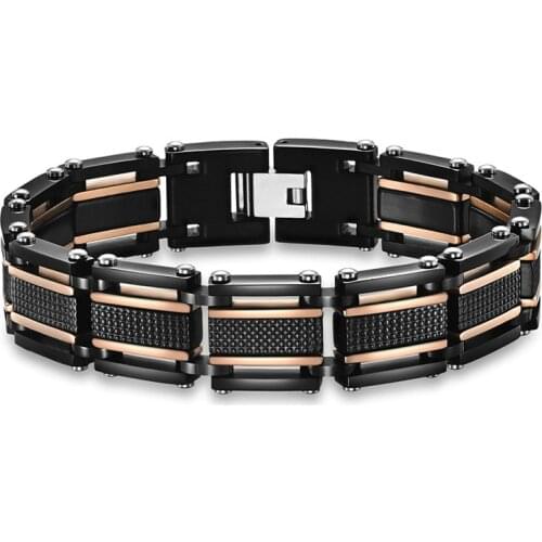 Mens Bracelet Two-Tone Rose Gold Plated Black In Party Stainless Steel Jewelry For Men