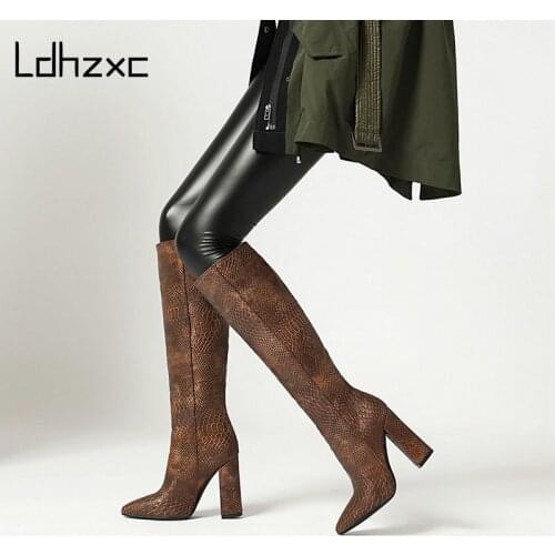 LDHZXC New Brand Women Boots Fashion Super High Heels Knee High Boots Faux Leather Spring Autumn Pointed Toe Boots Winter