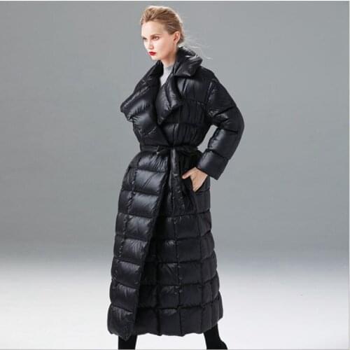 New style Lapel female long down jacket thick womens coats Korean style with belt duck down clothes new arrival black overcoat
