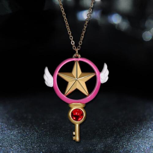 Card Captor Necklace Pendant KINOMOTO SAKURA Pentagram Key Magic Wand Necklace Pendant Wing Anime Accessory Lovely Girl