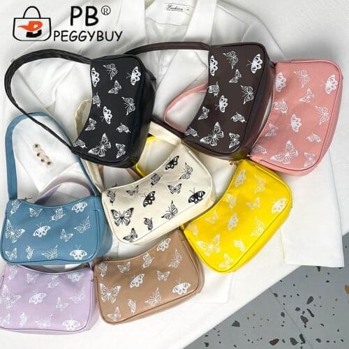 Casual All-match Butterfly Printing Womens Shoulder Underarm Bag Fashion Solid Color PU Leather Travel Zipper Small Handbags