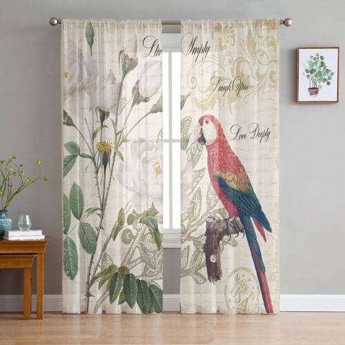 Parrot Bird Rose Flower Retro Sheer Curtains for Living Room Bedroom Kitchen Tulle for Windows Voile Drapes Home Decoration