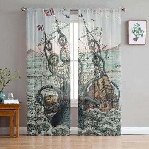 Sea Octopus Cthulhu Sheer Curtains for Living Room Modern Voile Curtain Bedroom Tulle Curtains Window Drapes Decor