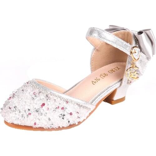 Girls Sandals 2021 Spring Kids Shoes Crystal Princess Shoes Soft Performance Heels for Wedding Sweet Sequined Chic Fashion Shoes