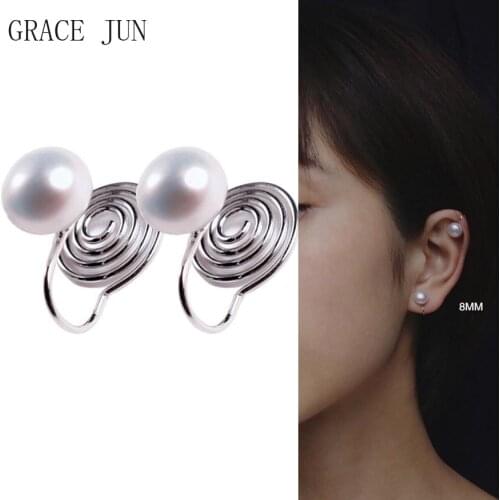 GRACE JUN Silver Plated Freshwater Pearl Mosquito Coil Clip on Earrings Women Popular Party Birthday Ear Cuff Earring Ear Clip