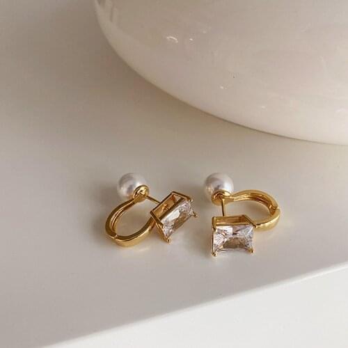 WTLTC Fashion Cubic Zircon Pearl Hoop Earrings for Women Dainty U Shaped Hoop Earrings Double Side Charms Earrings French Gifts