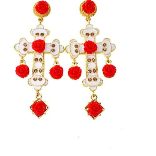 Red flower cross eardrop accessories baroque big cross pendant earrings for women party birthday earring