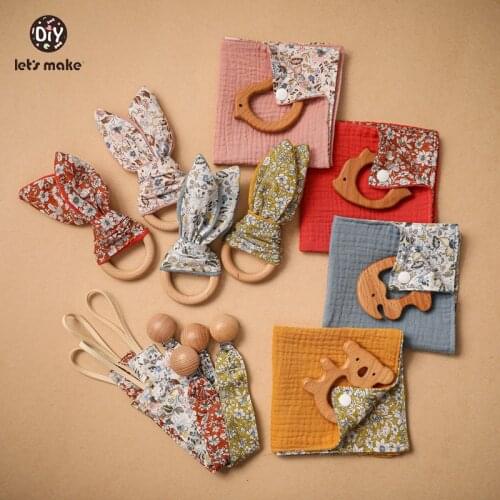 Lets Make Baby Feeding Supplies Floral Saliva Towel 4 Pcs Set Beech Wood Clip-on Pacifier Chain Unisex Teething Toy Kids Gifts