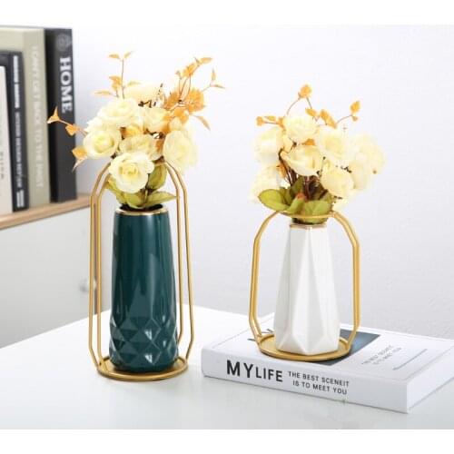 Nordic Style Irregular Vase Green Ceramic Exquisite Design Vase Personality With Metal Stand Vaso De Planta Outdoor Decor EI50VA
