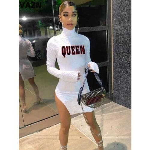 VAZN 2021 Spring White Split Top Letter Sexy Elegant Soft Turtleneck Young Full Sleeve Women High Waist Thin Mini Dress