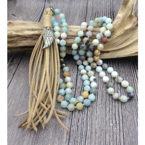 YA2583 Pyrite Angel Wing Charm Leather Tassel Amazonite Stone Beads Knot Handmade Necklace