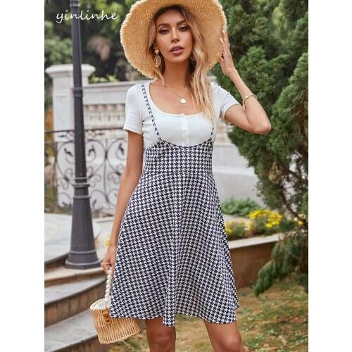 Yinlinhe Slim Waist Grey Plaid Braces Dress Women Ins Fashion Summer Dress Holiday Elegant Black Dresses Lift To The Breast 2043