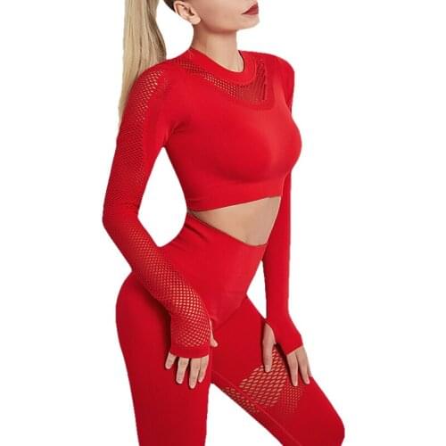 Women Seamless Yoga Sets Fitness Sports Suits GYM Clothing Long Sleeve Shirts High Waist Running Leggings Workout Pants Tops