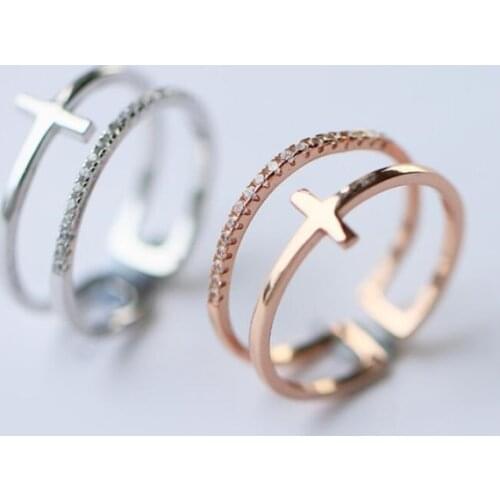 Sole Memory Double Layer Zircon Cross Cute Sweet Fashion 925 Sterling Silver Female Resizable Opening Rings SRI260