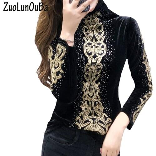 ZuoLunOuBa Autumn Winter Thickening Long Sleeved Hot Diamond Leopard Print Black Pullover Long Sleeved Slim Sweater Women