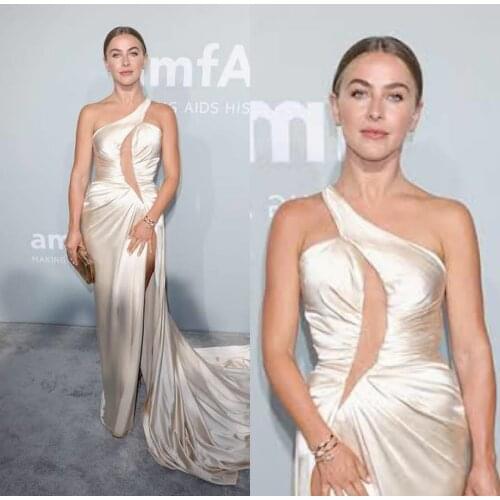 Elegant Long One Shoulder Celebrity Dresses with Slit Robe De Soiree Sweep Train Mermaid Satin Formal Dresses for Women