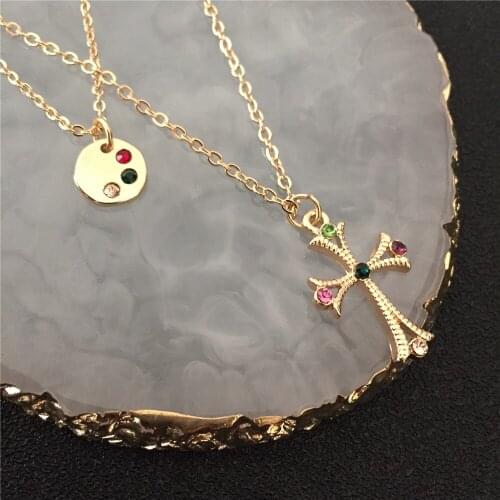 Pretty Gold Color Plating Multi Colored Stone Cross Round Disc Layered Necklace For Women Girl Lovely Elegant Jewelry Accessory