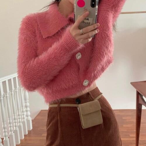 2021 Autumn korean style Pink soft Short knittd Sweaters cardigans womens Turn Down Collar sweaters womens (A062