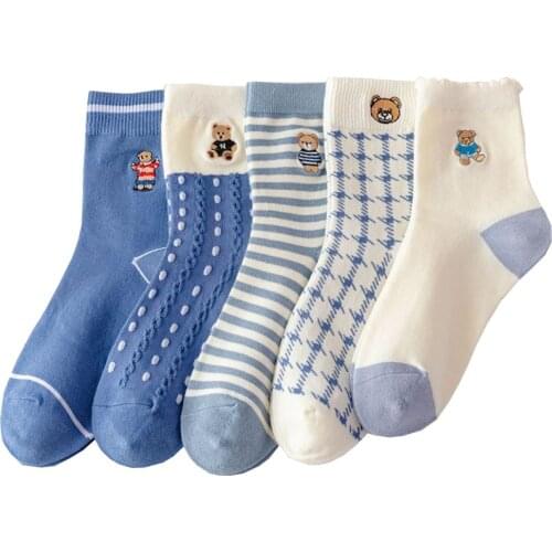 4 Pairs Japanese Style Women Socks Cotton Kawaii Cartoon Bear Embroidery Girl Long Socks Harajuku Stripe Breathable Soft Sokken