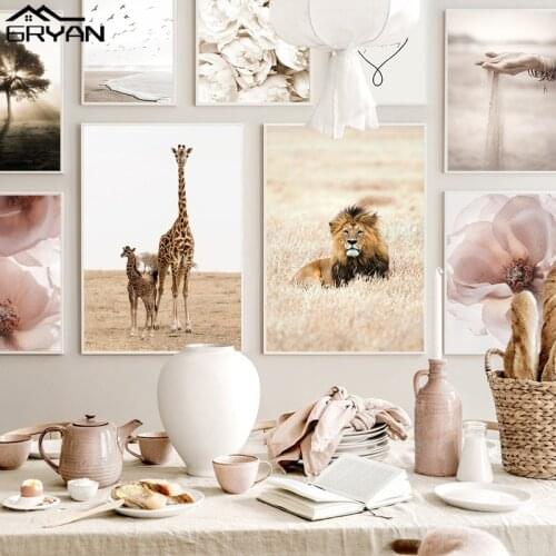 African Grassland Lion Giraffe Animal Canvas Print Painting Flowers Girl Desert Beach Poster Nordic Landscape Picture Home Decor