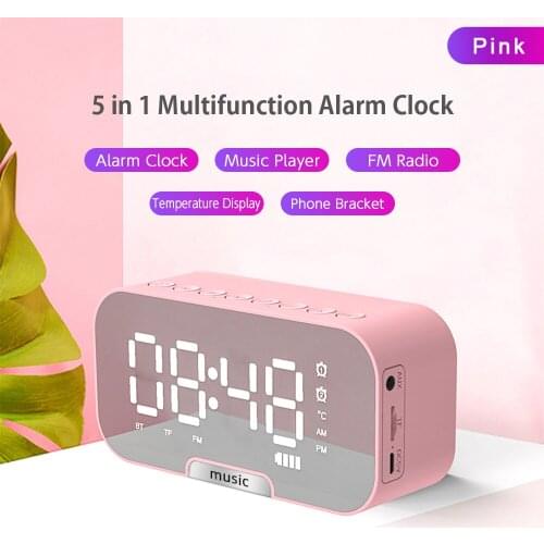 Digital Mirror Surface Alarm Clock with BT Speaker & FM Radio & Temperature Display Electronic Desktop Clock for Home Office