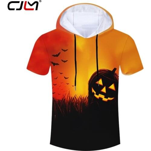 CJLM 3D Printed Bat And Yellow Scenery Polyester Hooded Tshirt Mens Large Size 5XL Halloween Devil Pumpkin Man Tee Shirt