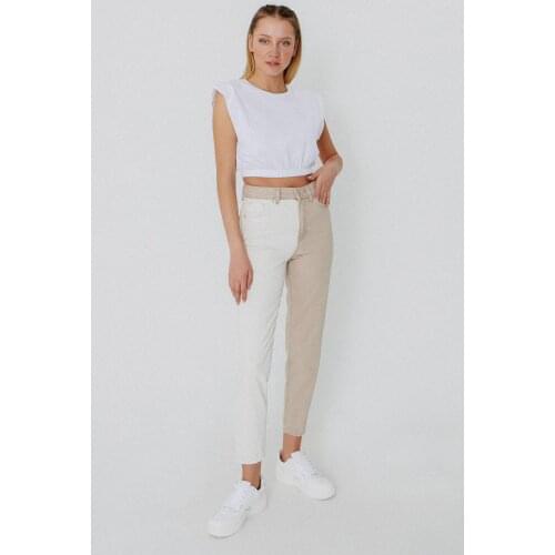 Woman Double Colored Pants 100 Cotton Denim Jean Beige White