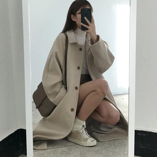 JuneLove Autumn Winter Woolen coat Simple Solid Leisure Single-breasted Turn-down Collar Female Warm Long Woolen Coat Outwears