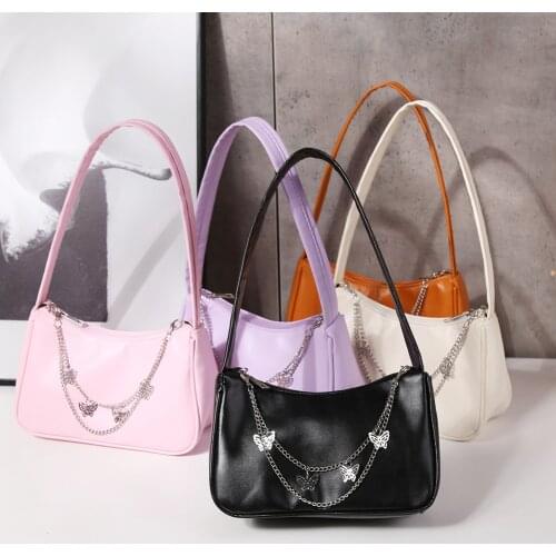 Fashion Women PU Leather Small Shoulder Underarm Bag Ladies Vintage Butterfly Chain Shoulder Bags Pure Color Mini Purse Handbag