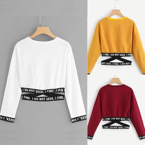 Fashionable Blouses Round Neck Short Cropped Umbilical All-match Loose Letter Bandage Short Long-sleeved Sweater 2021 New