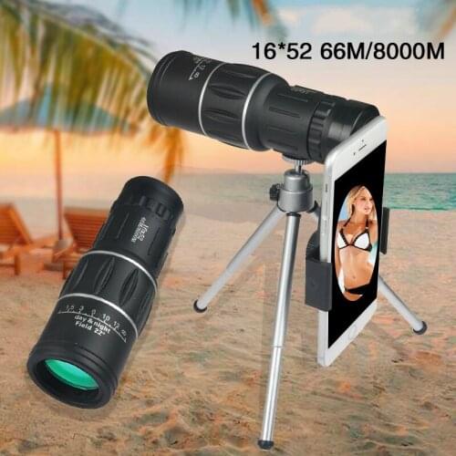 16x52 Mini Monocular Telescope 10X BAK4 Prism Dual Focus Adjusting Night Light Vision Telescope with Phone Clip Tripod
