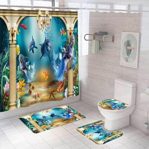 Home Decor Bathing Waterproof Shower Curtain Set with 12 Hooks Toilet Covers Bath Mats Bathroom Non-slip Rug Carpet Polyester