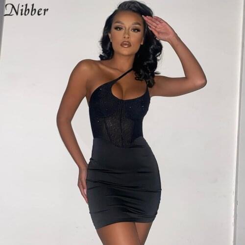 Nibber One Shoulder Sexy Mesh Cut Out Midnight Dress Club Partywear Women 2021Sleeveless Open Shoulder Skinny Bodycon Mini Dress