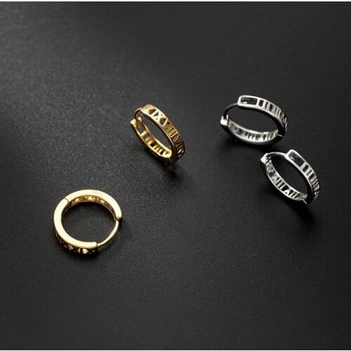 18K Gold Authentic Real. 925 Sterling Silver jewelry Rome Number Hollow Square piercing Hoop Huggie earrings C-G4647