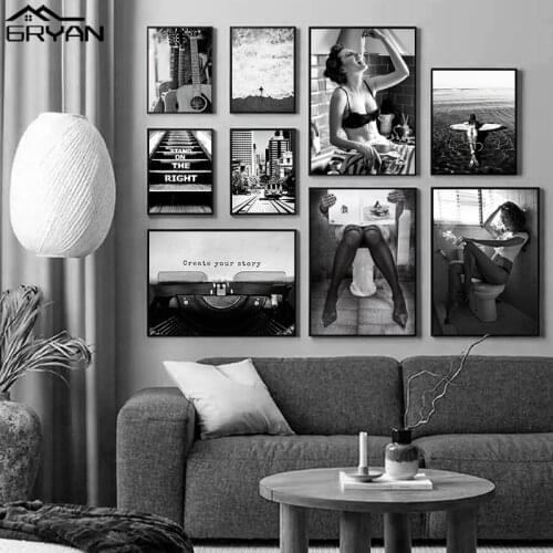 Black and White Sexy Stocking Woman Prints Posters Pasta Bra Wild Toilet Smoking Girl Canvas Painting Living Room Nordic Picture