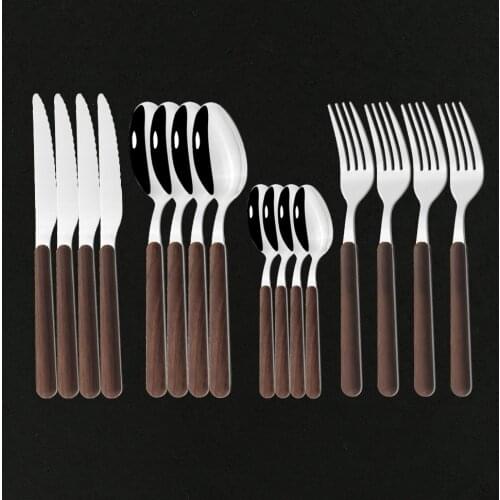 Dinnerware 16Pcs Wooden Tableware for Kitchen Stainless Steel Western Food Knife Fork Teaspoon Flatware Silverware Cutlery Set