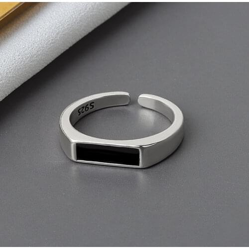 Simple Personality Black Ring Female Silver S925 Sterling Gutta Percha Geometric Rectangular Ring Opening Ring Jewelry Gifts