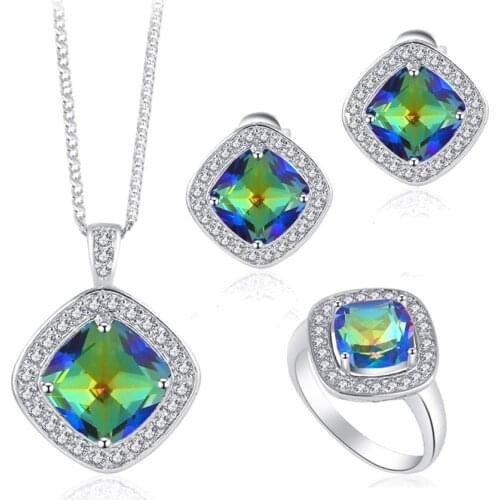 ROLILASON Mysterious Mystic Zircon Trendy Square Fashion Jewelry silver color Stamped Jewelry Sets Earrings Necklace Rings JS668