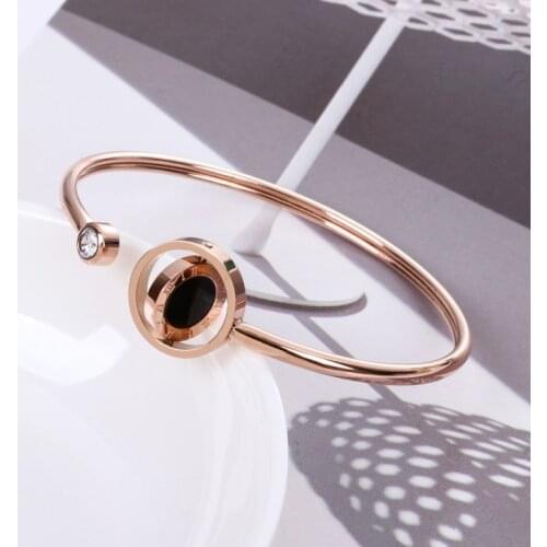Rose gold color cuff Rotate Bangle Titanium Steel Black & white with Ruman Numerals Openning Bangle Bracelet Gift Jewelry