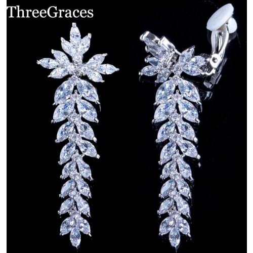 ThreeGraces Japanese Design Women Jewelry Sparkly White CZ Stone Long Leaf Drop Clip on Earrings for Non Pierced Ears ER048