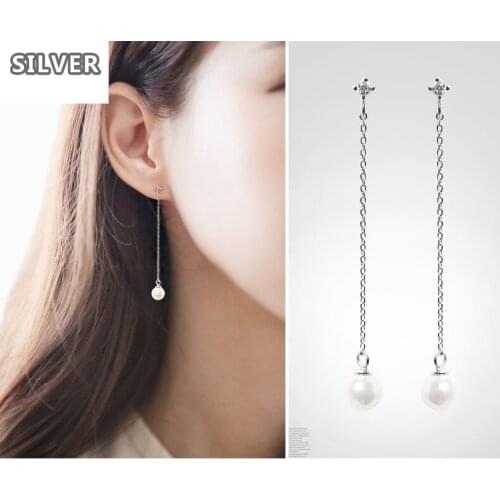 Silver-plated earrings womens long-term flowing pearl zircon earring temperament earrings Japanese Korean anti-allergy earrings