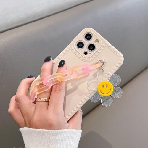 Wrist Chain Case for iPhone 12 Pro Max XR XS Max 6s 7 8 SE Silicone Cases Cute Smiley Sunflower Chain Hanging Case for iPhone 11