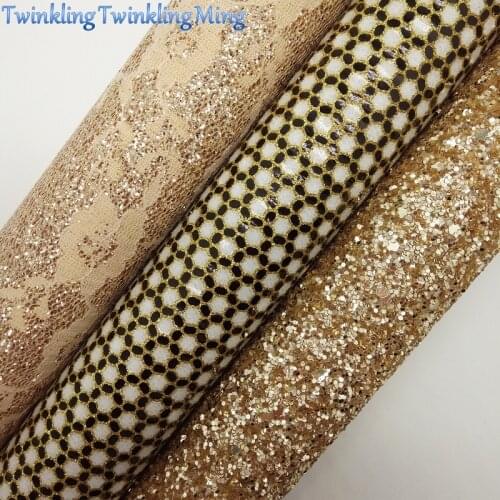 GOLD Glitter Fabric, Lace glitter Leather, Synthetic Leather Fabric Sheets For Bow A4 21x29CM Twinkling Ming XM830