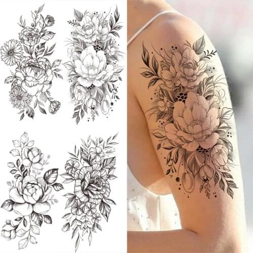 Large Half Sleeve Dahlia Temporary Tattoos For Women Men Adults Rose Peony Flower Fake Tatoos Transfer Arm Tattoo Stickers
