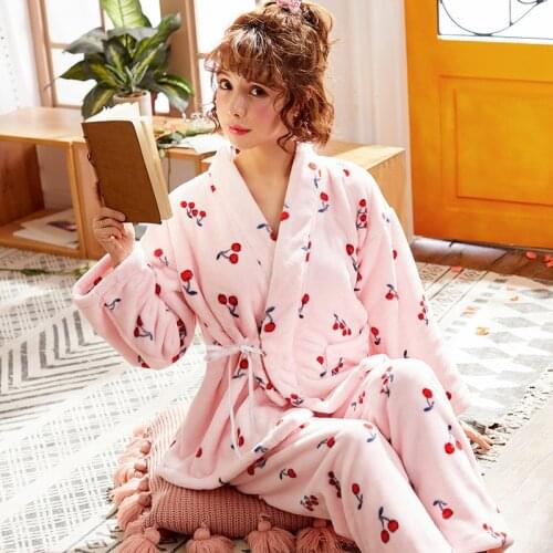 Women autumn and winter thick coral fleece pajamas bathrobe ladies long sleeve trousers flannel cute pajama sets womens pajamas