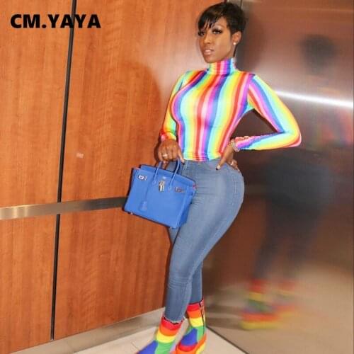 CM.YAYA Rainbow Striped Womens Long Sleeve T-shirt Fashion Classic Turtleneck Tee Tops