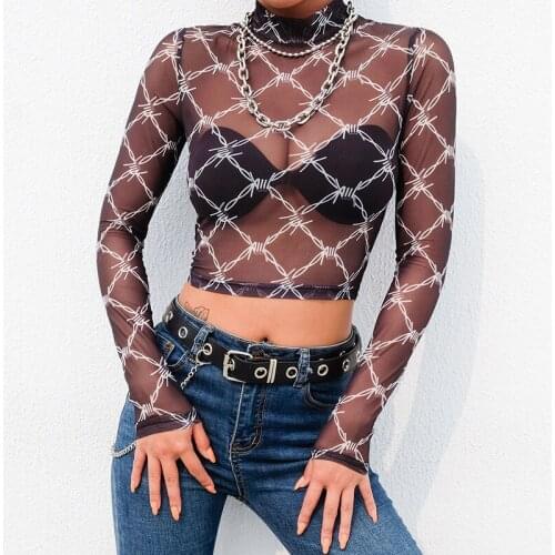 Mesh Tee Shirt Femme Sexy Long Sleeve Crop Top Chain Print T Shirt Women Streetwear Vintage Fishnet top T-shirt 2020 New Arrival