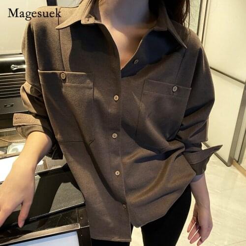 New Autumn 2021 Korean Style Thick Shirt Vintage Long Sleeve Button Up Blouse Women Solid Lapel Pockets Office Ladies Top 12968